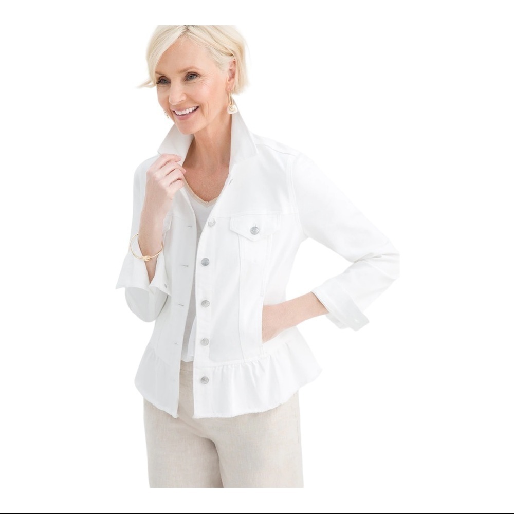 𝅺COLDWATER Creek off white jean jacket with bottom ruffle